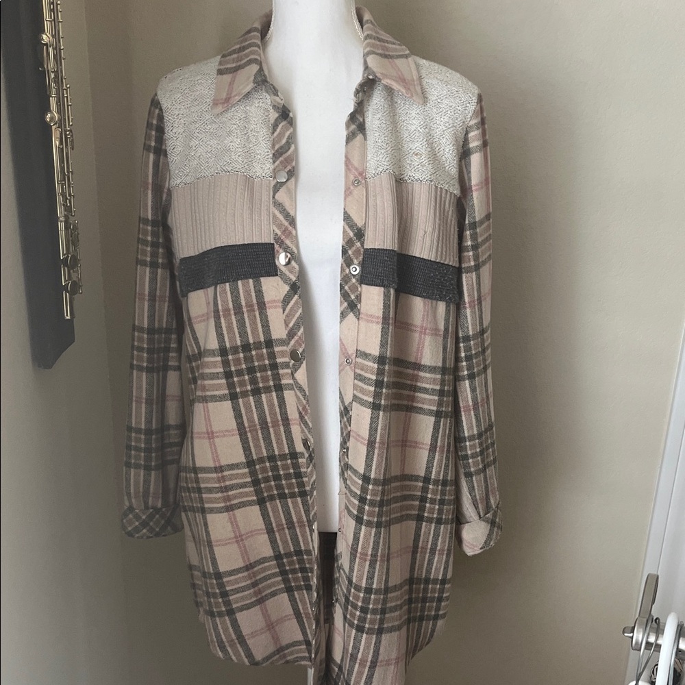 THML Beige and Gray Plaid Button-Down Shacket
